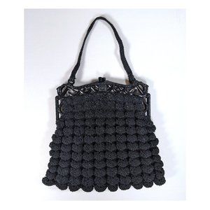 Vintage Art Deco 30's Black Popcorn Crochet Evening Hand Bag Purse Made in USA